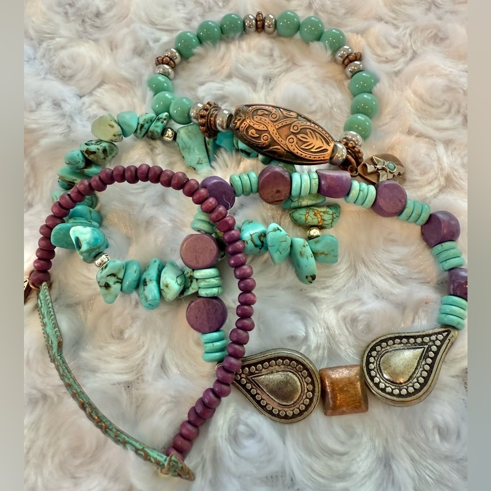 Turquoise and Purple Handmade Beaded Bracelet Set